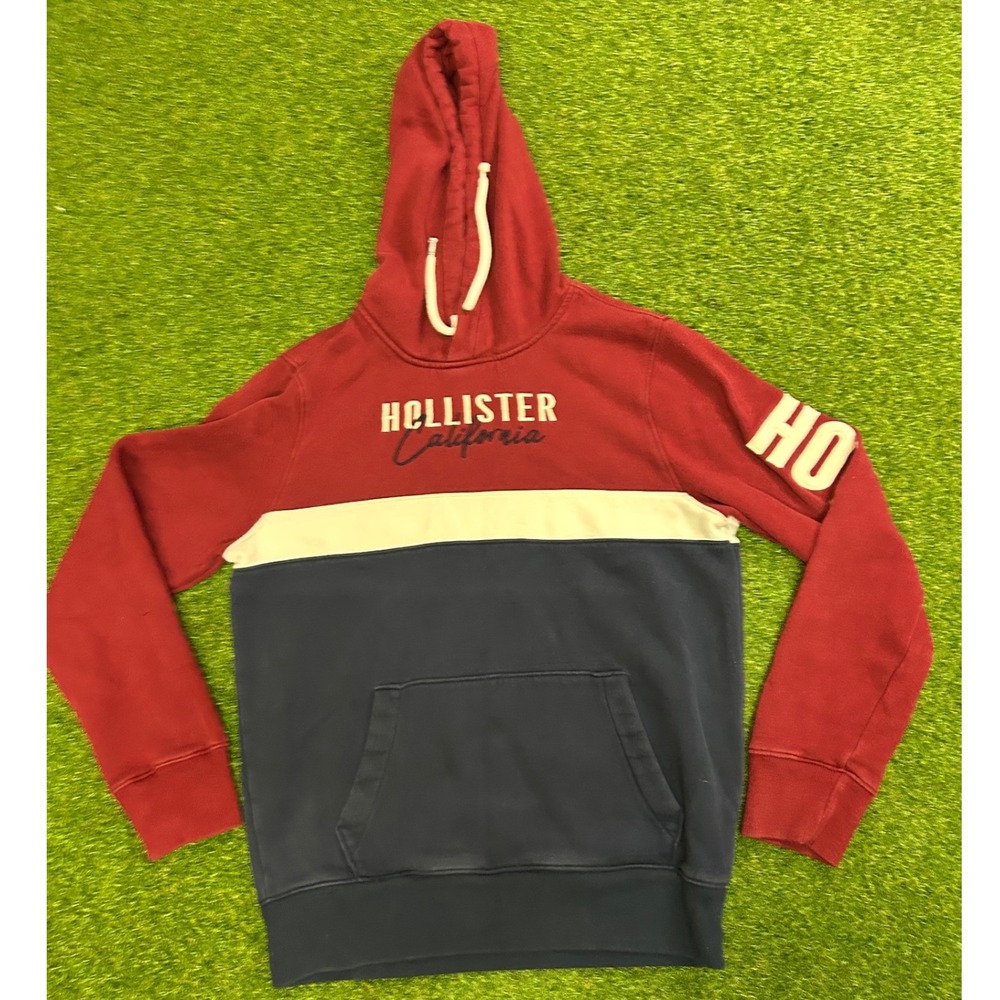 Hollister California Mens Small Colorblock Hoodie Red White Navy Blue Pullover